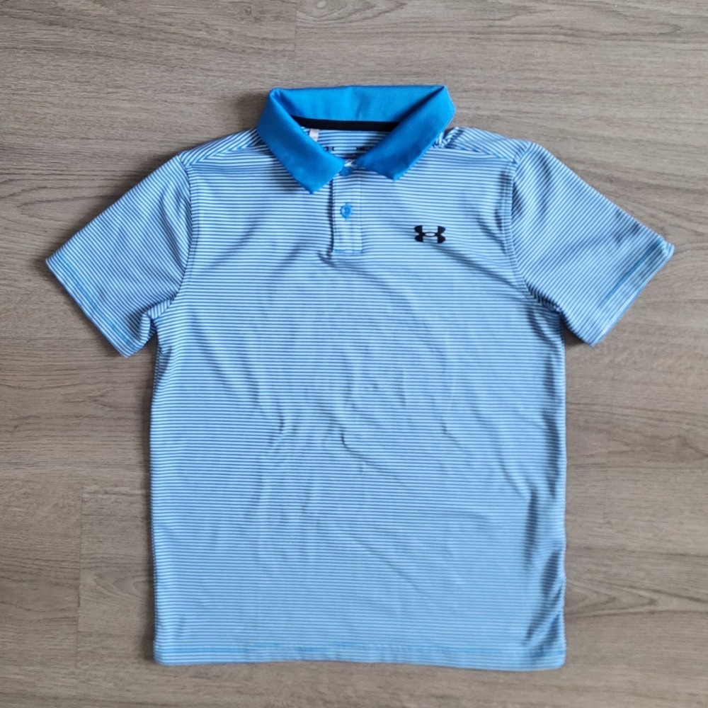 Under Armour Boys Blue White Striped HeatGear Polo Shirt Size Youth Medium Golf